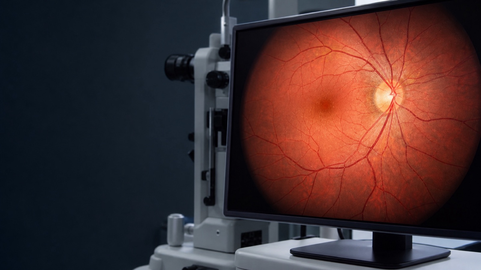 Immagine realistica del fundus retinico su monitor diagnostico